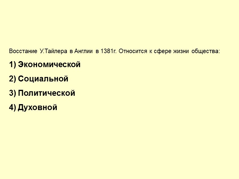 Восстание У.Тайлера в Англии в 1381г. Относится к сфере жизни общества: Экономической Социальной Политической